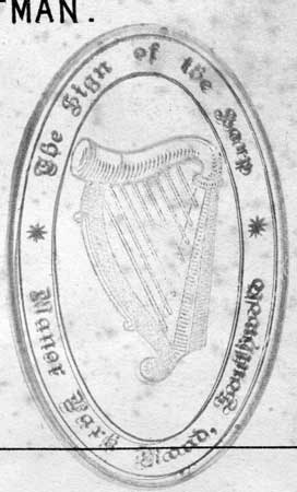 Close up of 'Sign of the Harp' stamp