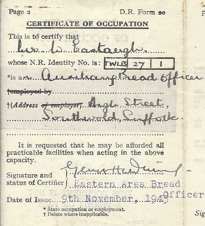 William Eastaugh's Wartime Certificate of Occupation